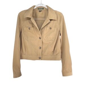 Lauren Ralph Lauren Women Tan Trucker Jacket Button Collared Cotton Size M Flaw